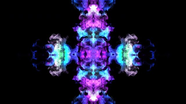 Mirrored translucent color plumes billow and reshape into a glowing kaleidoscopic cross, forming fluid symmetrical patterns in violet, cyan, green, and blue against deep black