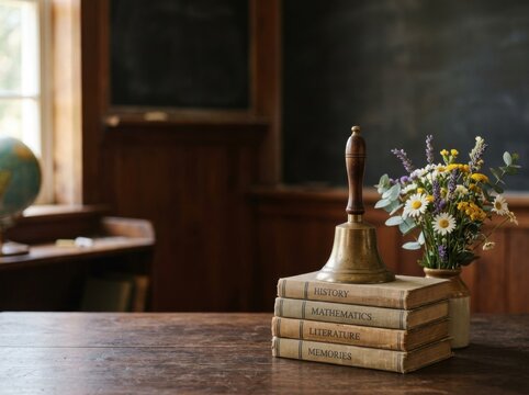 Vintage Classroom Bell and Stacked Books with Flowers on Desk