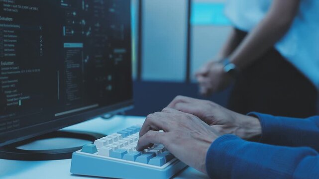 Asian happy woman and man programmer team coding software at computer in dark tech office, Concept of digital transformation, modern cyber security, startup teamwork and future IT digital network