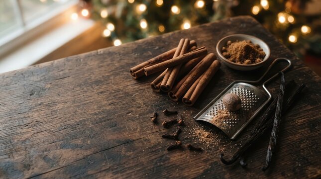 Holiday Baking Ingredients with Cinnamon Sticks and Spices