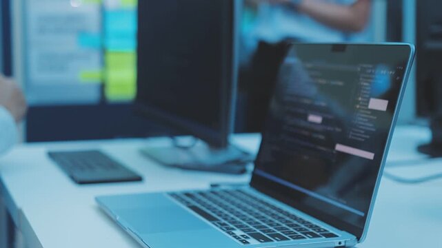 Asian happy woman and man programmer team coding software at computer in dark tech office, Concept of digital transformation, modern cyber security, startup teamwork and future IT digital network