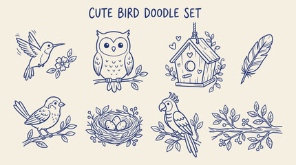 Fototapeta premium Hand drawn cute bird doodle set vector illustration in blue ink on a light background