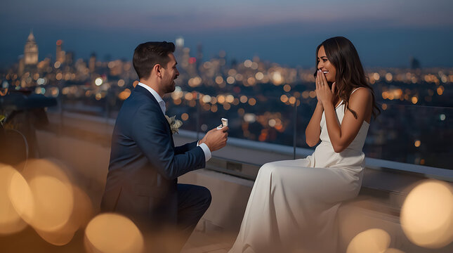 Man proposing to his girlfriend with an engagement ring on a rooftop at night