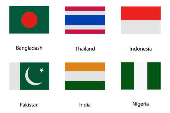 international flag icon set, Bangladesh Thailand Indonesia Pakistan India and Nigeria national flags in rectangular and circular styles with country labels, vector illustration isolated on white backg