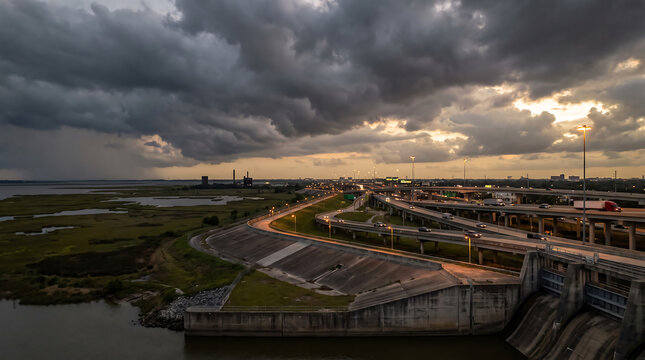 Elevated highway interchange and flood control dam under dramatic stormy sky at sunset near coastal wetlands