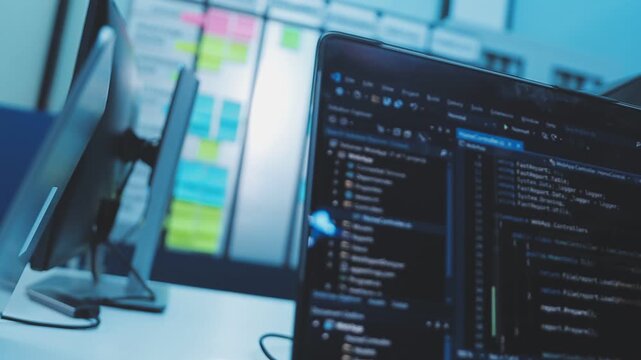 Asian happy woman and man programmer team coding software at computer in dark tech office, Concept of digital transformation, modern cyber security, startup teamwork and future IT digital network