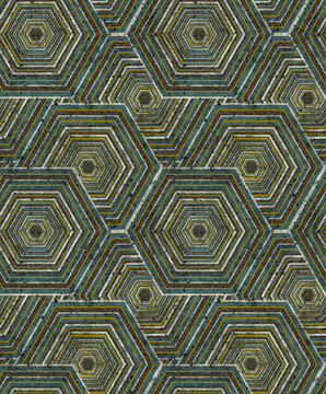 Seamless sophisticated moss green and mustard abstract pattern featuring elegant interlocking hexagon motifs and refined textured geometric lines