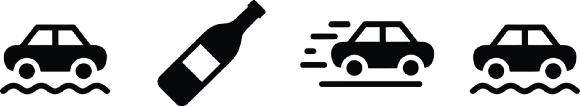 Dangerous driving icons representing slippery roads, drunk driving, erratic driving, and vehicle collision safety warnings