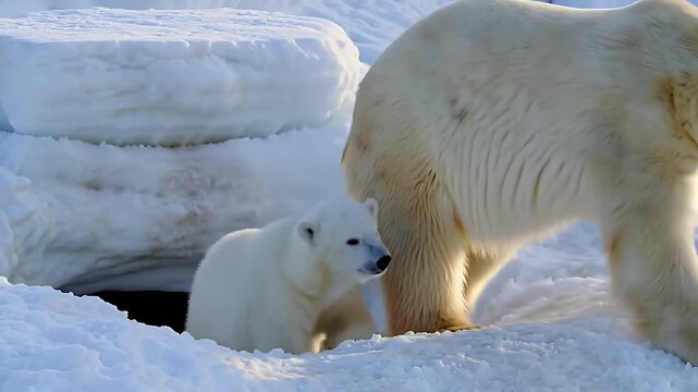 Exploring Arctic Landscape with Polar Bear and Cub Emerging from Snow