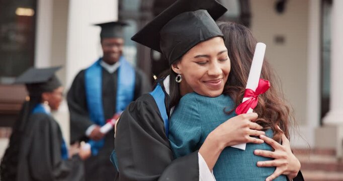 College, hug and teacher with student for graduation, celebration and milestone for education goal. Happy, people and campus with ceremony, degree and success for achievement or university diploma
