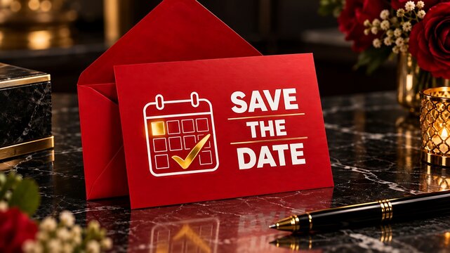 Red save the date calendar card with flowers and elegant wedding decorations