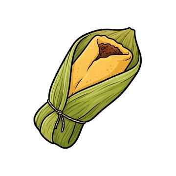 Cartoon vector illustration of a traditional tamale or zongzi, filled dough wrapped in a green leaf and tied with string, isolated on white.