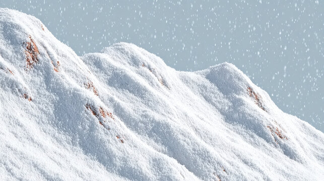 A close-up view of snow-covered mountain peaks under a light sky with gentle snowfall.   