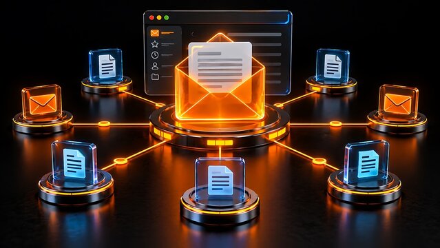 Digital email communication network with glowing message icons and connected devices