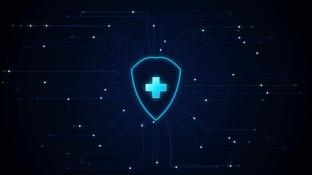 Digital health security shield with glowing circuitry network animation for medical data protection and cyber healthcare technology concept