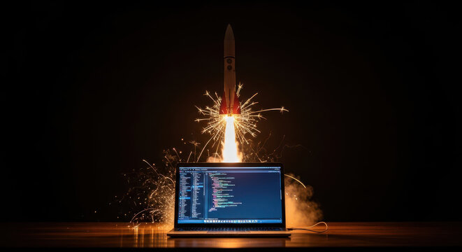 A rocket launching from a laptop screen with vibrant fireworks and smoke, symbolizing software deployment or technological innovation.