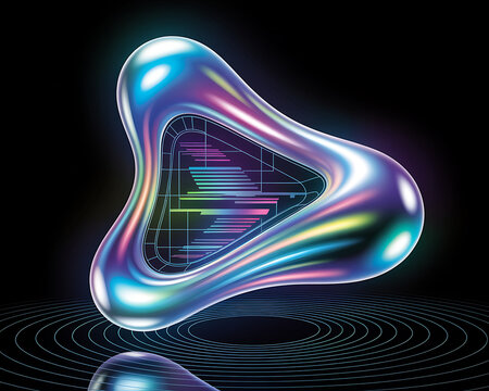 A futuristic abstract 3D shape resembling a rounded triangle or blob with iridescent metallic surfaces and a glowing grid-like structure inside against a black background