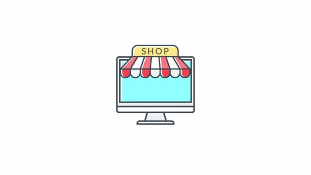 Computer monitor displaying an online store icon with a shopping canopy.