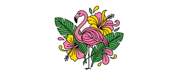 Pink Flamingo Bird with Tropical Flowers and Leaves © jaus