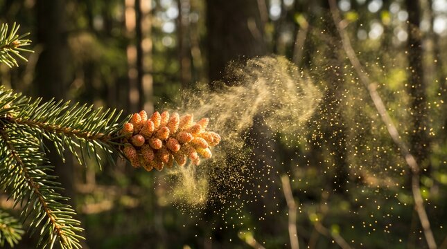 Spruce cone releasing yellow pollen cloud in forest during spring season for nature study.