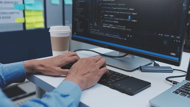 Asian happy woman and man programmer team coding software at computer in dark tech office, Concept of digital transformation, modern cyber security, startup teamwork and future IT digital network