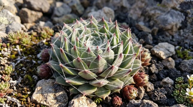 Sempervivum arachnoideum cobweb houseleek succulent grows among volcanic rocks and mosses.