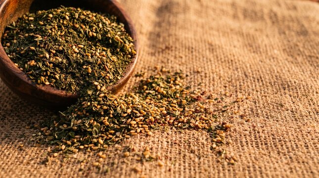 Middle eastern zaatar spice blend with sesame seeds and dried herbs spilled on burlap cloth.