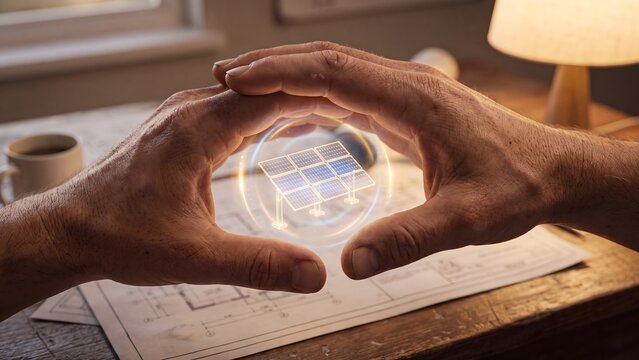 Solar energy installation planning concept, professional cupping holographic solar panel array model above engineering blueprints on desk, renewable power, clean energy investment and photovoltaic
