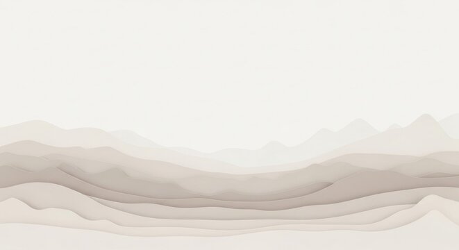 Minimalist paper cut mountain landscape with beige and cream colored layers. 3D layered hills with soft drop shadows creating depth on a neutral white background with copy space.
