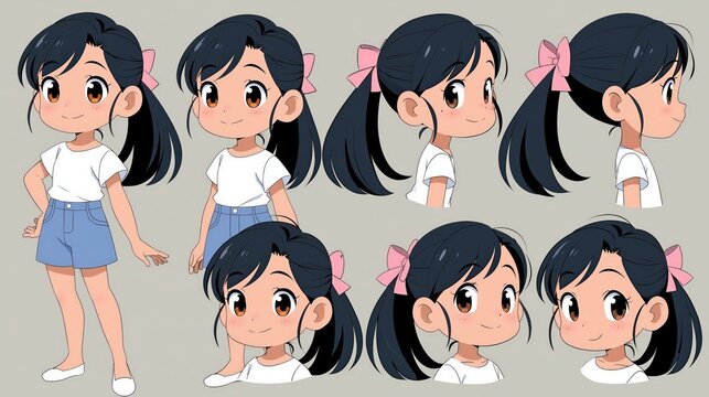 Character design sheet for a young girl with dark hair in a ponytail.