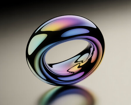 A perfectly formed iridescent ring or torus shape with swirling rainbow colors and reflections against a neutral gradient background, appearing like a liquid bubble