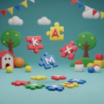 3D clay style render of floating jigsaw puzzle pieces with letters A, K, M, and X, featuring miniature trees, a house, and bunting flags in a vibrant educational playroom setting.
