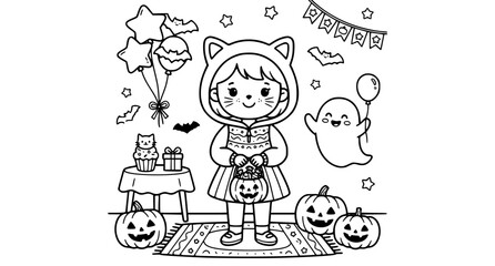 Fototapeta premium Cute Halloween Party Girl Coloring Book Page for Children