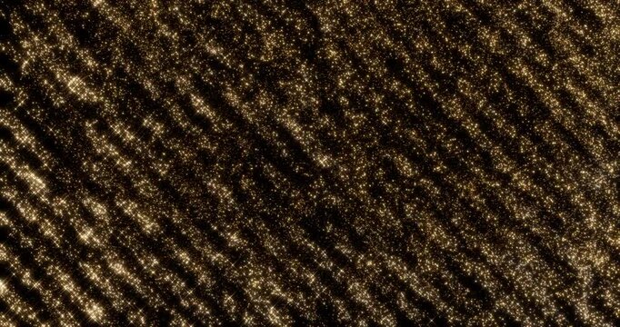 Glittering gold particle trails flying from noise form in black background. Sparkling light streaks glow dust effect. 4K 3D rendering loop animation.