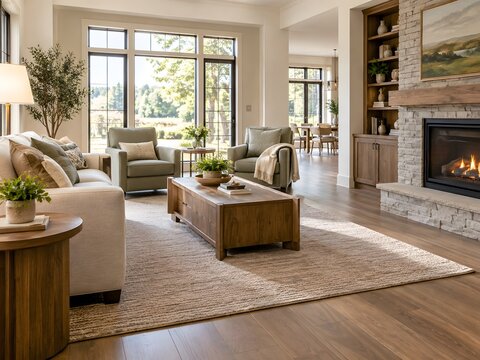 Sunlit senior-friendly contemporary living room with wide circulation and warm natural materials
