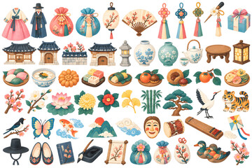 Fototapeta premium Traditional Asian cultural elements set, cute vector illustration of folk items and symbols
