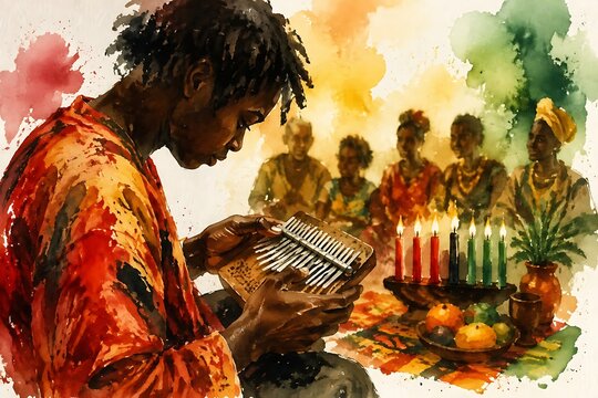 Playing a thumb piano, watercolor illustration