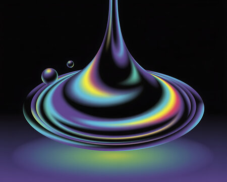 Abstract iridescent liquid drop forming concentric rings with small spheres floating nearby against a dark background with purple and green glow Keywords: liquid, drop, splash, ripple, wave