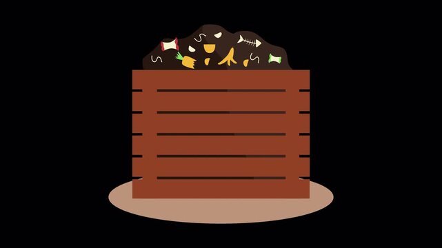 Flat vector animation of wooden compost bins with organic waste