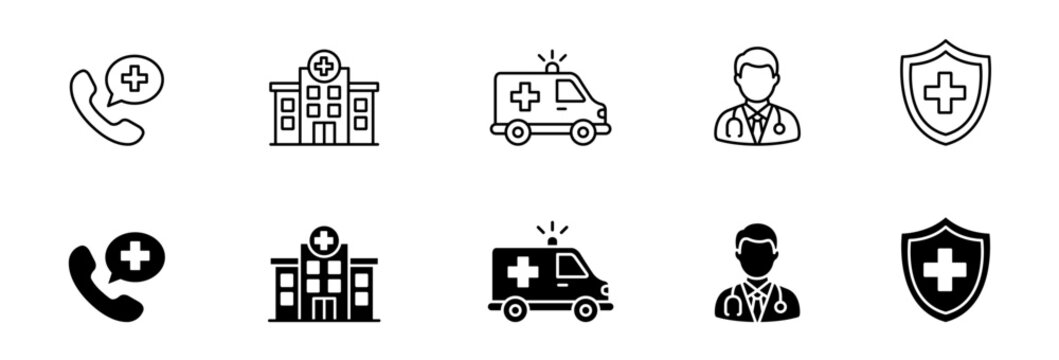 Healthcare medical emergency and hospital service vector line and filled icon set for doctor consultation and health protection.