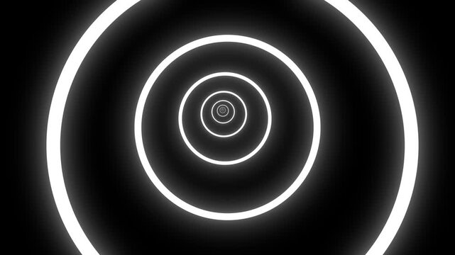 Black and White Glowing Neon Ring Tunnel Motion Graphics Background Loop