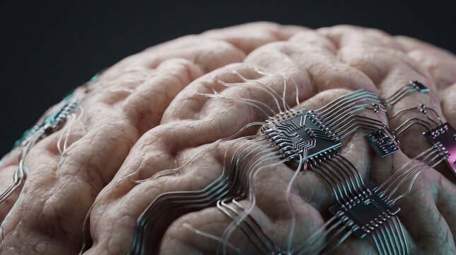 Macro close-up of a human brain with an embedded cybernetic microchip and electronic wiring, concept of artificial intelligence and neural interface