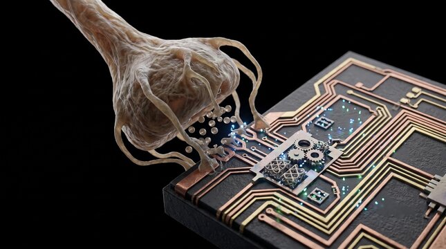 Macro close-up of a biological neuron synapse connecting to a digital microchip with a glowing data particle, brain computer interface and neurotechnology concept