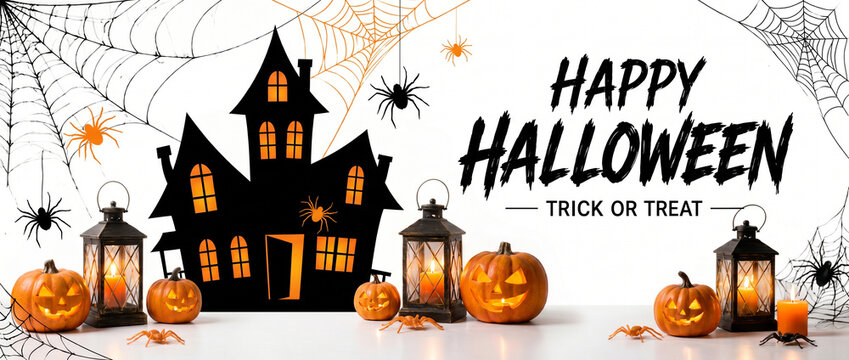 Happy Halloween Background with Haunted House, Jack O Lanterns, Spider Webs, Lanterns and Trick or Treat on White Background