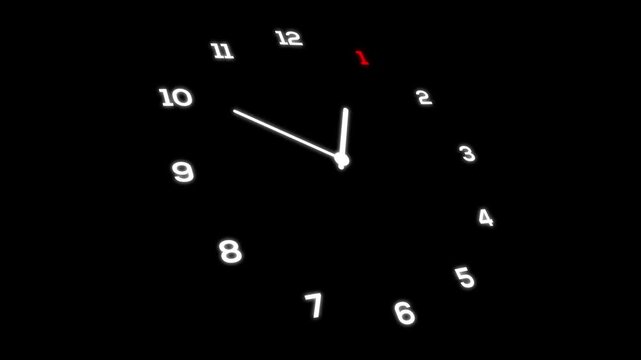 Design of an analog clock with animated minutes, featuring 12-hour markings and red accents, floating against a black background.