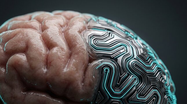 Cybernetic human brain with half organic tissue and half metallic circuit board with glowing lights, concept of artificial intelligence and futuristic neurotechnology