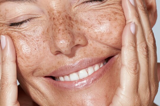 Close up portrait of a mature woman with natural freckles smiling and touching her glowing skin