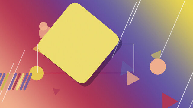 A cheerful yellow rounded diamond, multicolor stripes, circles, and triangles appear against a warm gradient, creating an optimistic abstract background for lively campaigns.