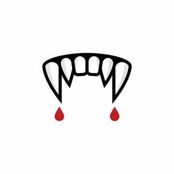 Flat vector icon illustration of sharp vampire fangs with dripping blood drops, ideal for Halloween party invitations, stickers, and spooky-themed graphic design projects.