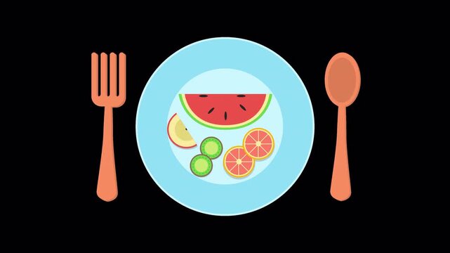 Flat illustration of healthy fruit plates with cutlery on black background